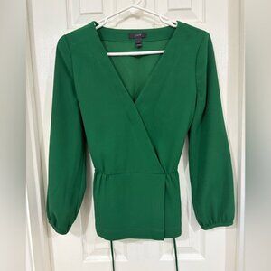 J. Crew Green Wrap Blouse with 3/4 Sleeves and Tie Front